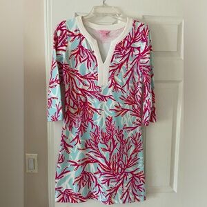Lilly Pulitzer cotton knit dress in fuchsia, pink and light blue colors.